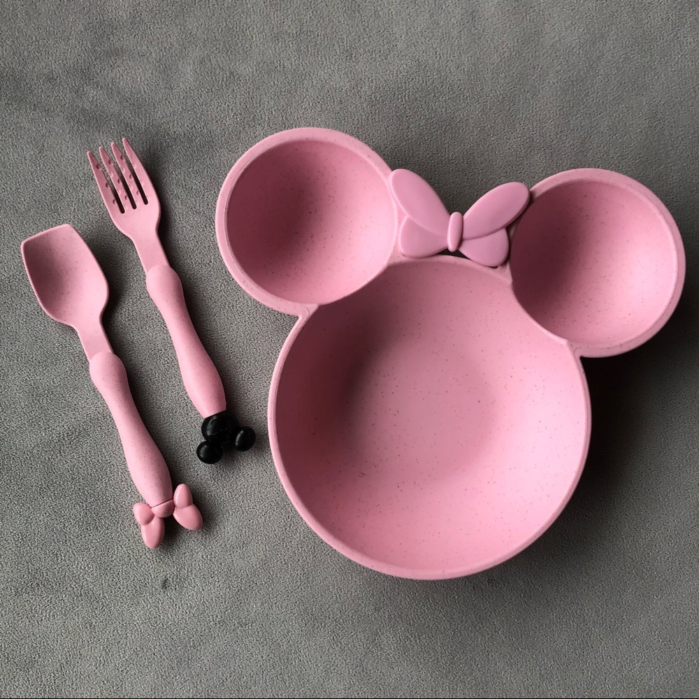 Minnie Mouse Bamboo Feeding Set ~ Pink ~ Divided Dish, Fork & Spoon ~ Brand New!